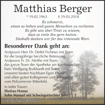 Traueranzeige von Matthias Berger von WVG - Wochenspiegel Bitterfeld