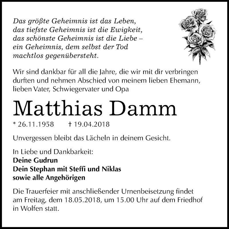  Traueranzeige für Matthias Damm vom 05.05.2018 aus Mitteldeutsche Zeitung Bitterfeld