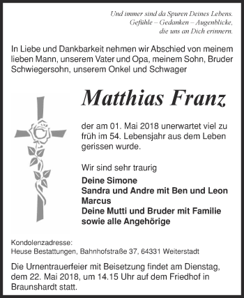 Traueranzeige von Matthias Franz von Super Sonntag Quedlinburg