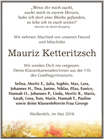 Traueranzeige von Mauriz Henning Ketteritzsch von WVG - Wochenspiegel NMB / WSF / ZTZ