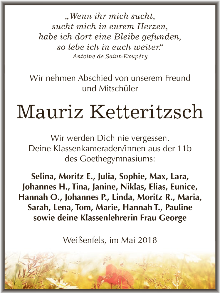  Traueranzeige für Mauriz Henning Ketteritzsch vom 09.05.2018 aus WVG - Wochenspiegel NMB / WSF / ZTZ