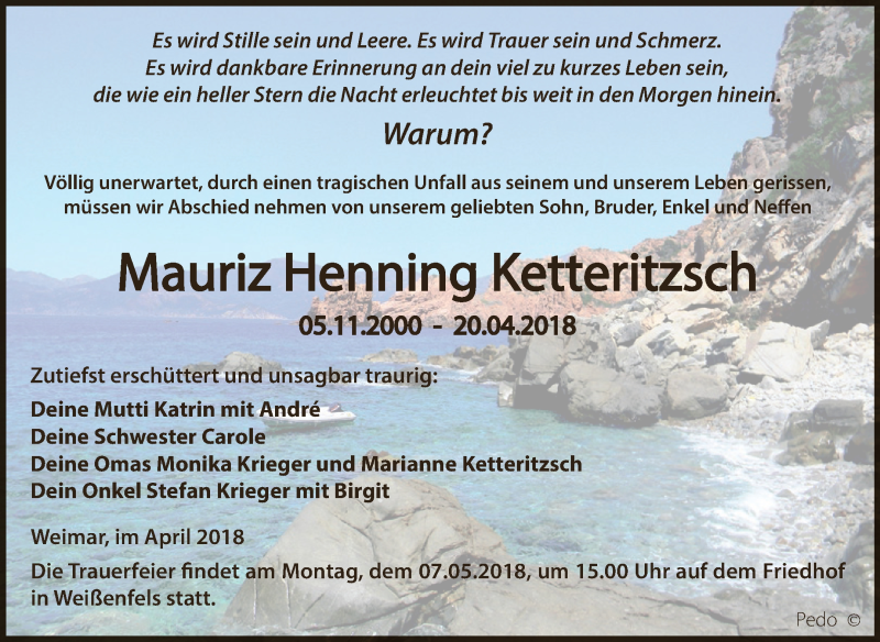  Traueranzeige für Mauriz Henning Ketteritzsch vom 02.05.2018 aus WVG - Wochenspiegel NMB / WSF / ZTZ