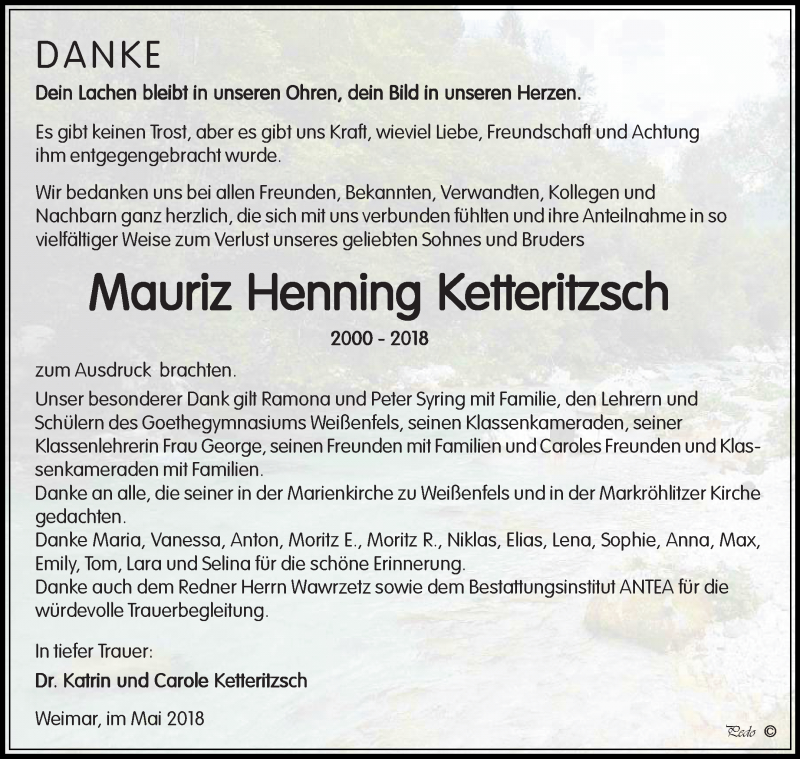  Traueranzeige für Mauriz Henning Ketteritzsch vom 19.05.2018 aus Mitteldeutsche Zeitung Weißenfels