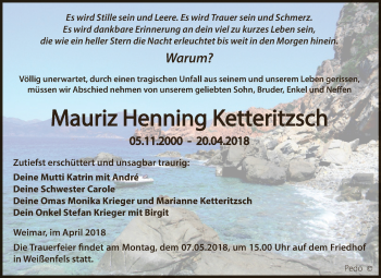 Traueranzeige von Mauriz Henning Ketteritzsch von WVG - Wochenspiegel NMB / WSF / ZTZ