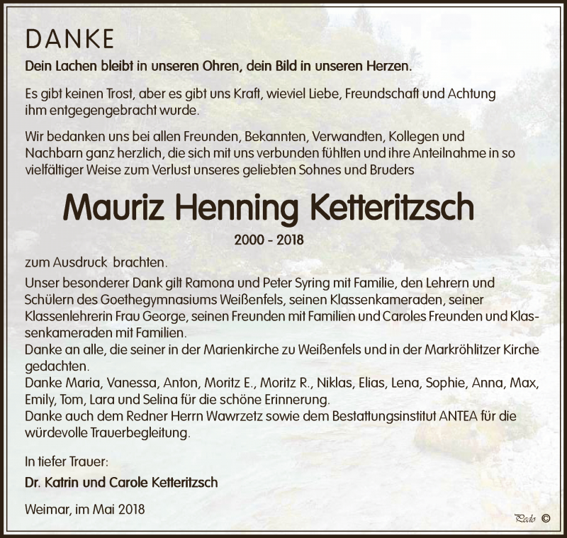  Traueranzeige für Mauriz Henning Ketteritzsch vom 23.05.2018 aus WVG - Wochenspiegel NMB / WSF / ZTZ