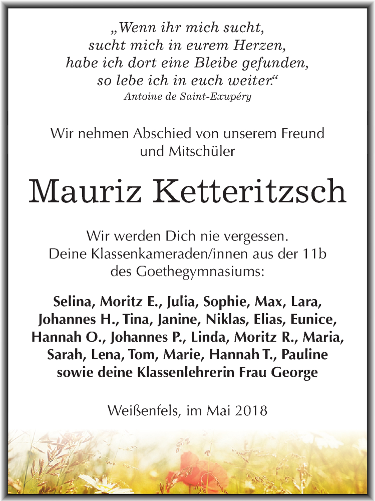  Traueranzeige für Mauriz Henning Ketteritzsch vom 09.05.2018 aus Mitteldeutsche Zeitung Weißenfels