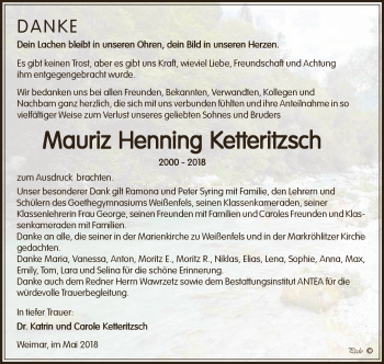 Traueranzeige von Mauriz Henning Ketteritzsch von WVG - Wochenspiegel NMB / WSF / ZTZ