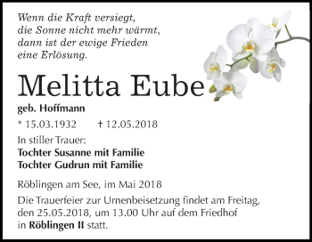 Traueranzeige von Melitta Eube von Mitteldeutsche Zeitung