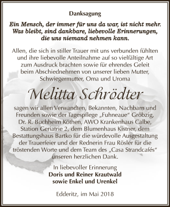 Traueranzeige von Melitta Schrädter von WVG - Wochenspiegel Dessau / Köthen