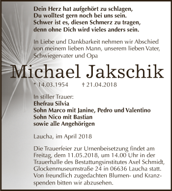 Traueranzeige von Michael Jakschik von WVG - Wochenspiegel NMB / WSF / ZTZ