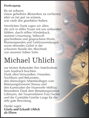 Traueranzeige von Michael Uhlich von WVG - Wochenspiegel Wittenberg