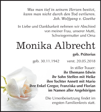 Traueranzeige von Monika Albrecht von Mitteldeutsche Zeitung