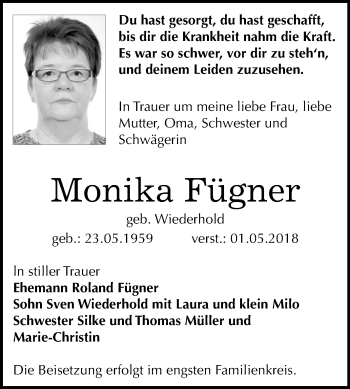 Traueranzeige von Monika Fügner von Mitteldeutsche Zeitung Bernburg