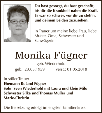 Traueranzeige von Monika Fügner von Super Sonntag Bernburg