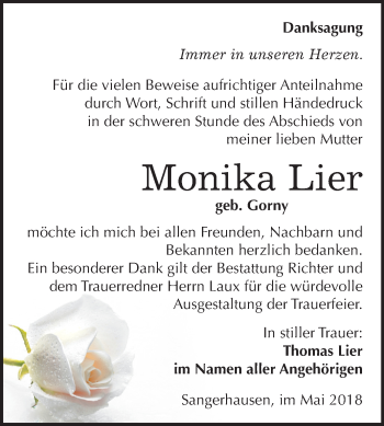 Traueranzeige von Monika Lier von Mitteldeutsche Zeitung Sangerhausen