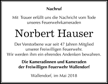 Traueranzeige von Norbert Hauser von Mitteldeutsche Zeitung Merseburg/Querfurt