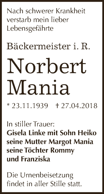 Traueranzeige von Norbert Mania von Wochenspiegel Mansfelder Land