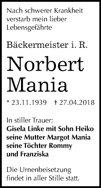 Traueranzeige von Norbert Mania von Mitteldeutsche Zeitung