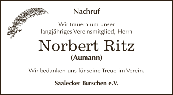 Traueranzeige von Norbert Ritz von WVG - Wochenspiegel NMB / WSF / ZTZ
