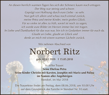 Traueranzeige von Norbert Ritz von WVG - Wochenspiegel NMB / WSF / ZTZ