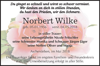 Traueranzeige von Norbert Wilke von Mitteldeutsche Zeitung Aschersleben