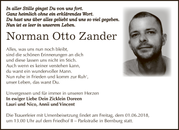 Traueranzeige von Norman Otto Zander von Super Sonntag Bernburg