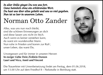 Traueranzeige von Norman Otto Zander von Mitteldeutsche Zeitung Bernburg