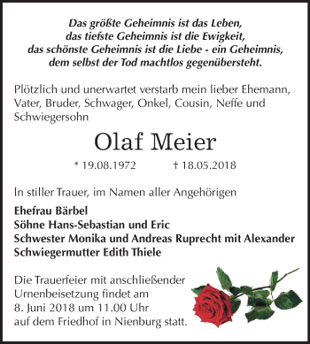 Traueranzeige von Olaf Meier von Mitteldeutsche Zeitung Bernburg