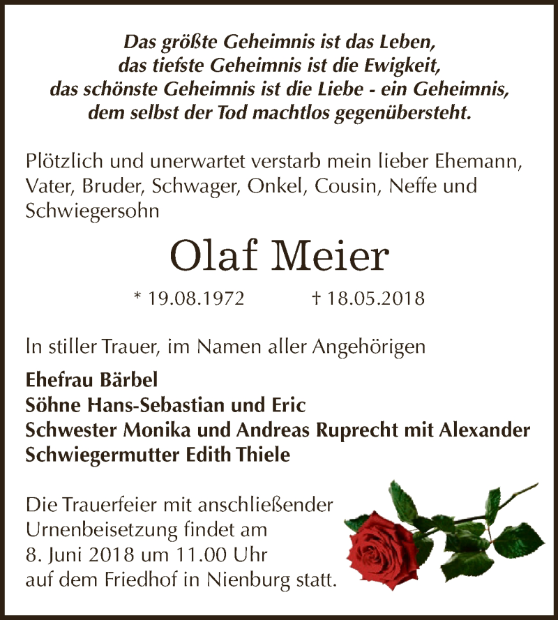  Traueranzeige für Olaf Meier vom 26.05.2018 aus Super Sonntag Bernburg