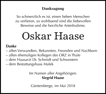 Traueranzeige von Oskar Haase von Mitteldeutsche Zeitung