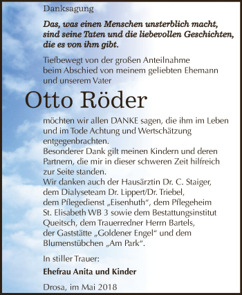 Traueranzeige von Otto Röder von WVG - Wochenspiegel Dessau / Köthen