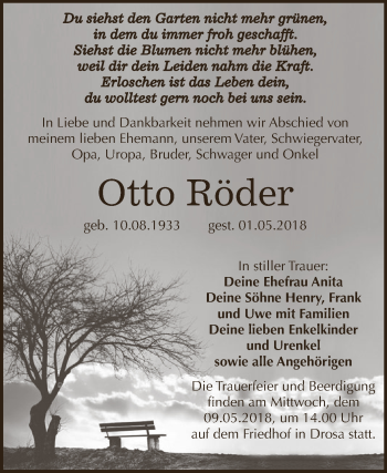 Traueranzeige von Otto Röder von WVG - Wochenspiegel Dessau / Köthen