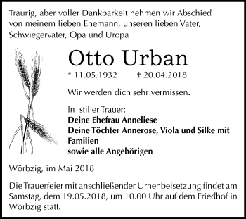 Traueranzeige von Otto Urban von Mitteldeutsche Zeitung Köthen