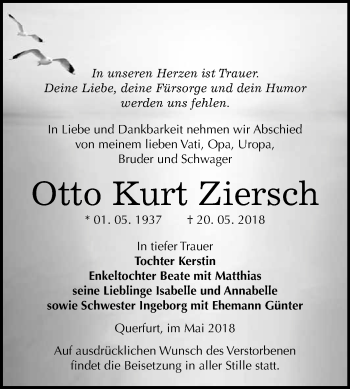 Traueranzeige von Otto Kurt Ziersch von WVG - Wochenspiegel Merseburg