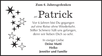 Traueranzeige von Patrick  von WVG - Wochenspiegel Quedlinburg