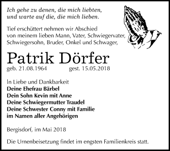 Traueranzeige von Patrik Dörfer von Mitteldeutsche Zeitung Zeitz