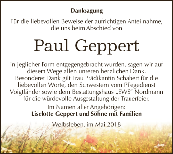 Traueranzeige von Paul Geppert von Super Sonntag Aschersleben