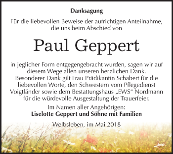 Traueranzeige von Paul Geppert von Mitteldeutsche Zeitung Aschersleben