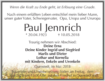 Traueranzeige von Paul Jennrich von Mitteldeutsche Zeitung Aschersleben