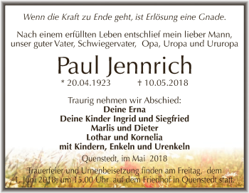 Traueranzeige von Paul Jennrich von Super Sonntag Aschersleben
