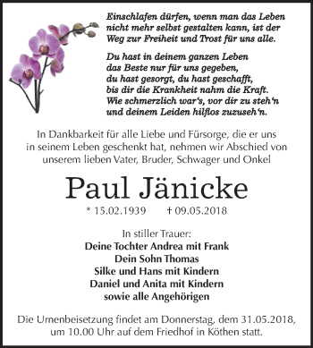 Traueranzeige von Paul Jänicke von Mitteldeutsche Zeitung Köthen