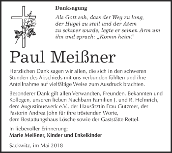 Traueranzeige von Paul Meißner von WVG - Wochenspiegel Wittenberg