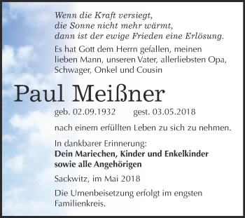 Traueranzeige von Paul Meißner von WVG - Wochenspiegel Wittenberg