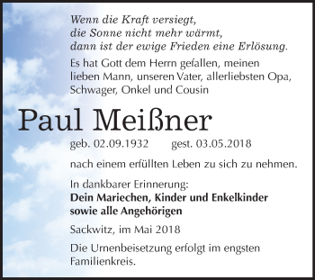 Traueranzeige von Paul Meißner von Mitteldeutsche Zeitung