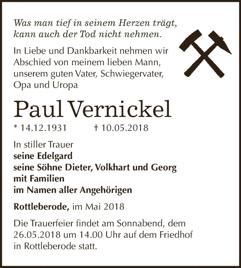  Traueranzeige für Paul Vernickel vom 19.05.2018 aus Super Sonntag SGH Mansf. Land