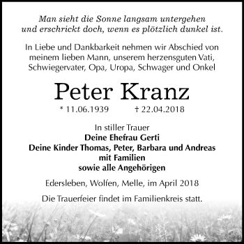 Traueranzeige von Peter Kranz von Mitteldeutsche Zeitung Sangerhausen