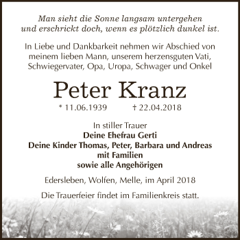 Traueranzeige von Peter Kranz von WVG - Wochenspiegel SGH