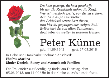 Traueranzeige von Peter Künne von Mitteldeutsche Zeitung Halle/Saalkreis