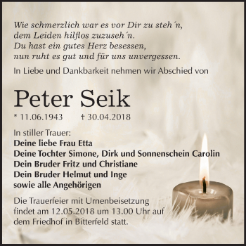 Traueranzeige von Peter Seik von Mitteldeutsche Zeitung Bitterfeld