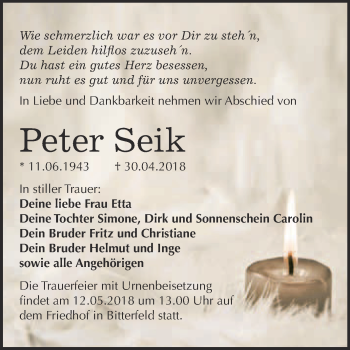 Traueranzeige von Peter Seik von WVG - Wochenspiegel Bitterfeld